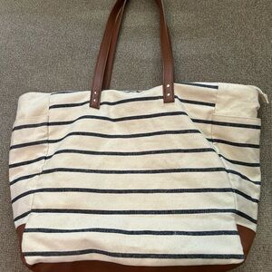 Bath And Body Works Beige Canvas Tote Navy Blue Stripes, Casual Beach Bag